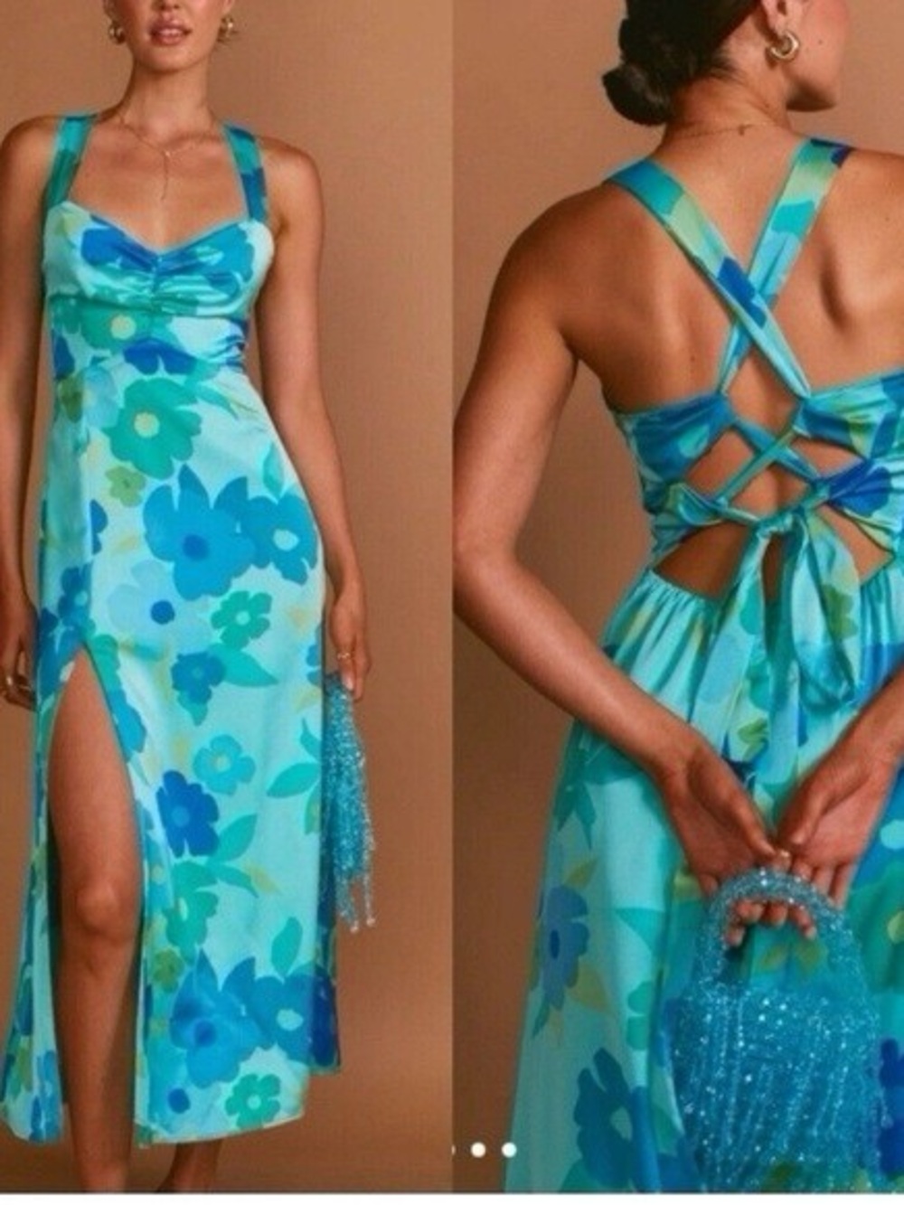Show Me Your Mumu Mina Blue Satin Floral Print Lace Up Back Midi Dress Small